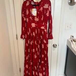 $600 BUSAYO Women Red Ini Ruffled V Neck Maxi dress Size M